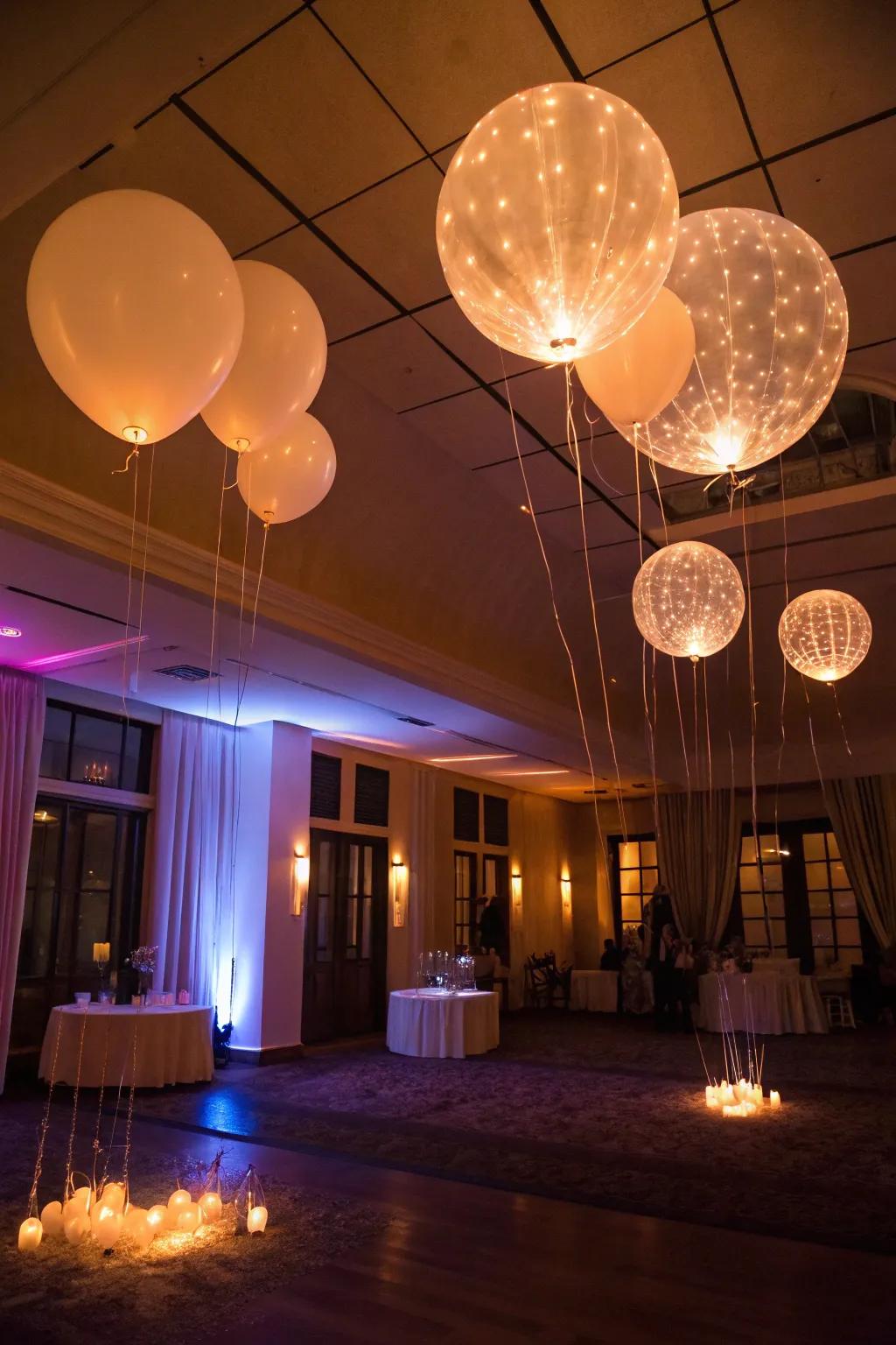 Floating LED balloons bring a magical glow to your Valentine celebration.