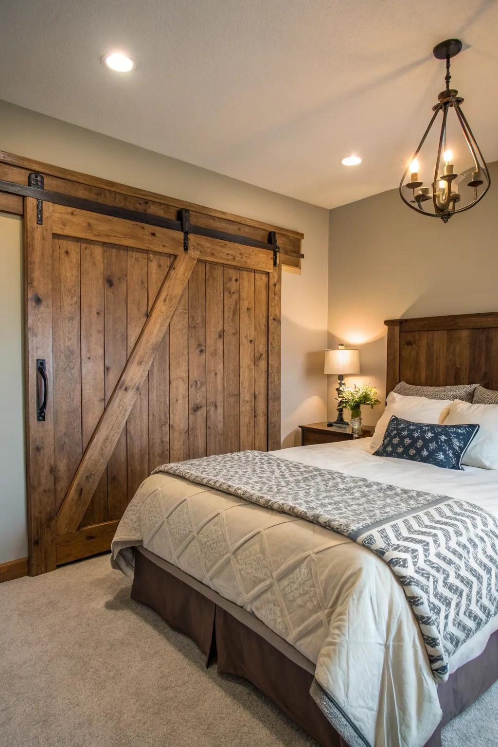 Rustic charm: Barn door headboard.