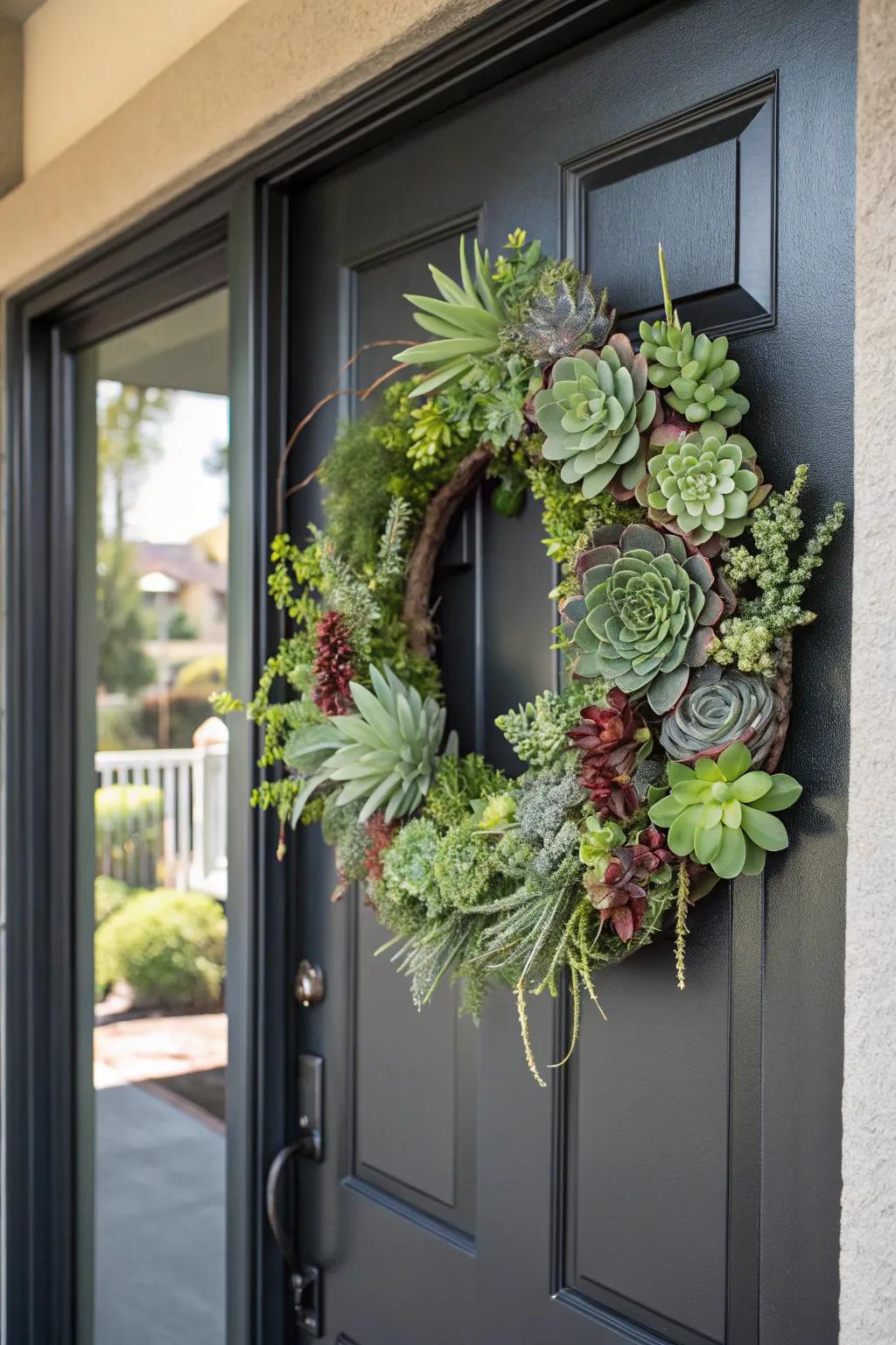 A modern succulent wreath brings a touch of greenery indoors.