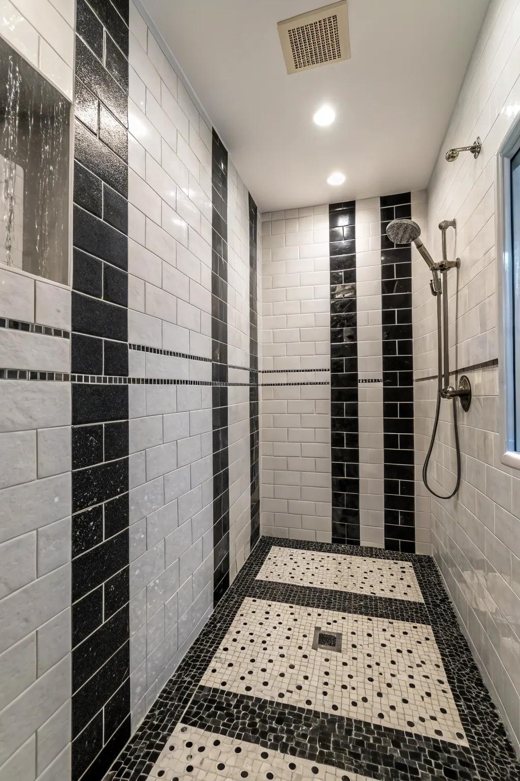 Contrasting tiles add a bold visual element to this doorless walk-in shower.