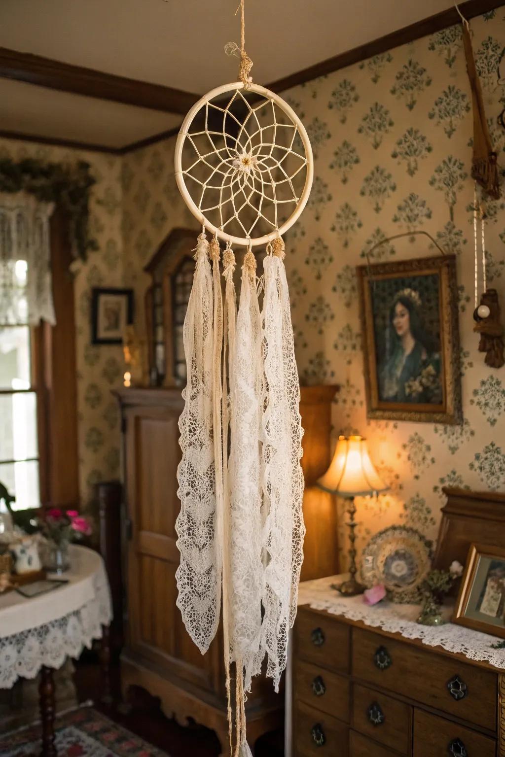 Turn old lace into a beautiful vintage dream catcher for a nostalgic touch.