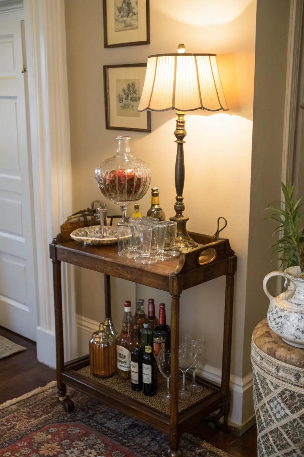 A vintage drink table in an entryway, adding charm and character.