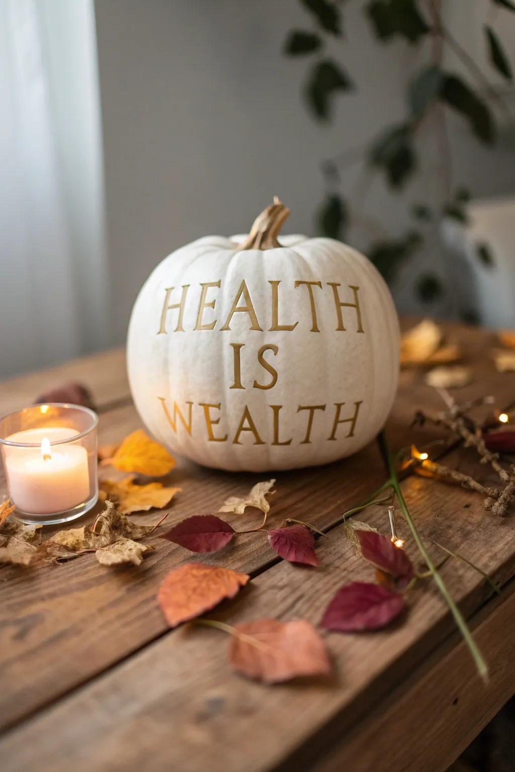 Illuminate your message with style: 'Health is Wealth' carved into a glowing pumpkin centerpiece that embodies minimalist elegance.