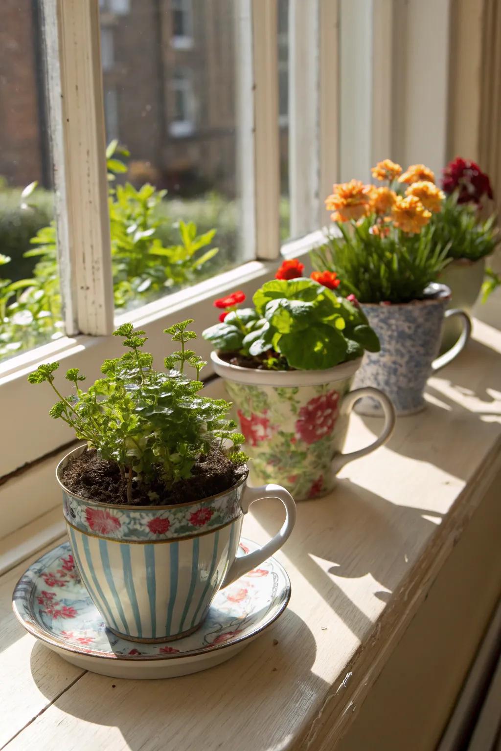 Charming upcycled planters bring life and color to a sunny windowsill.