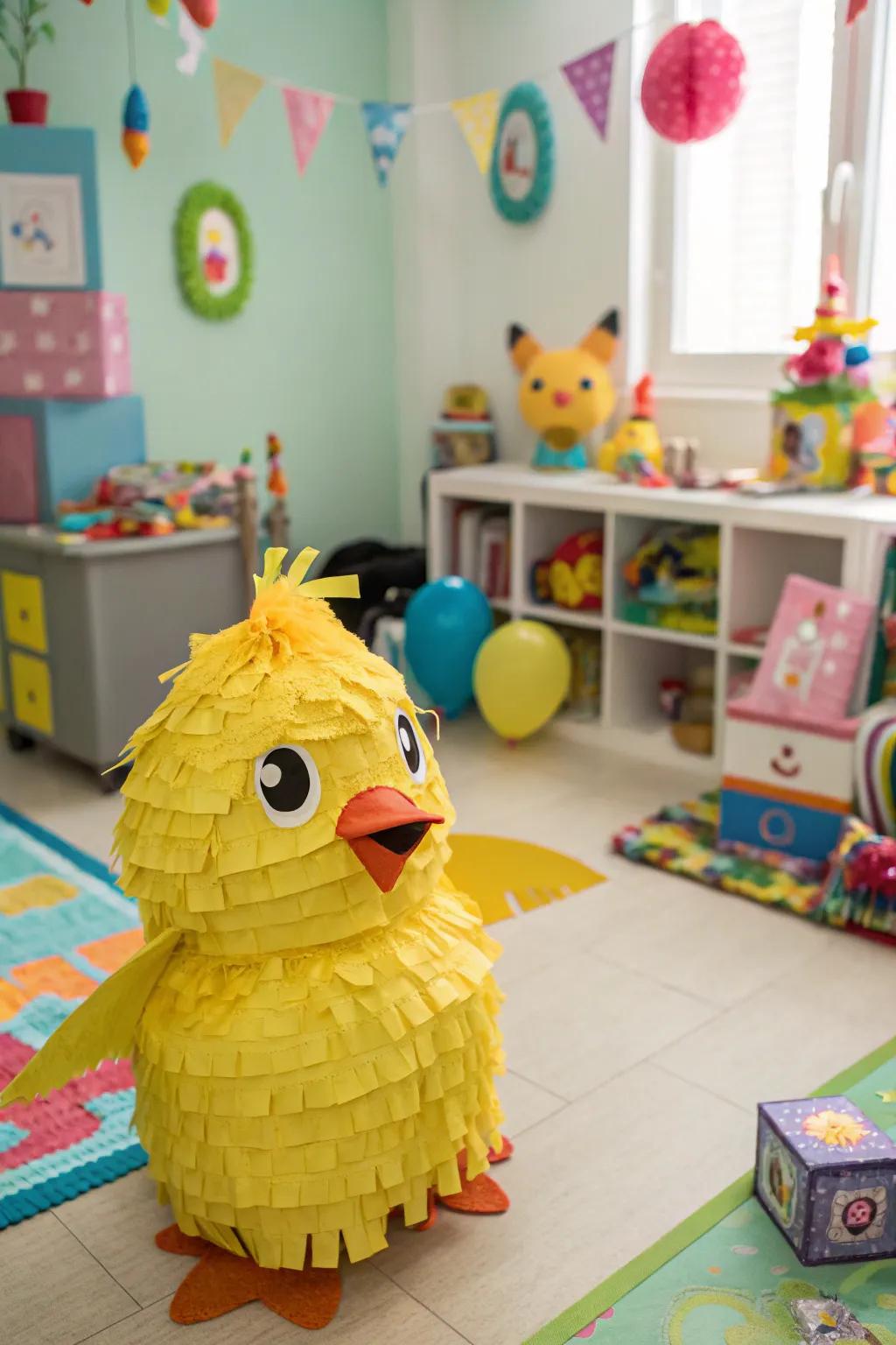 A cheerful chick pinata to add a splash of fun to your Easter celebration.