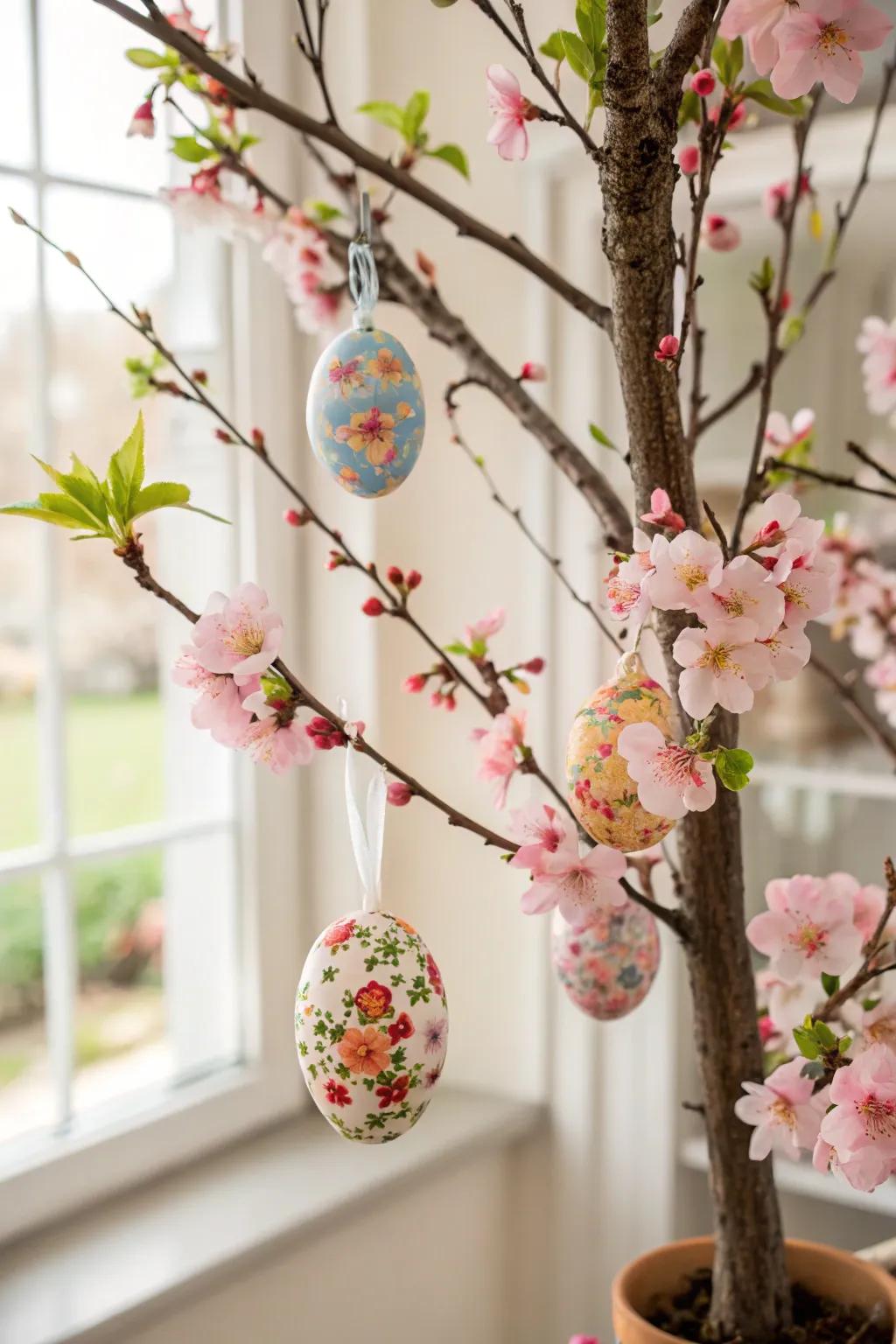 A floral Easter tree that captures the essence of spring with beautiful blossoms and decorated eggs.