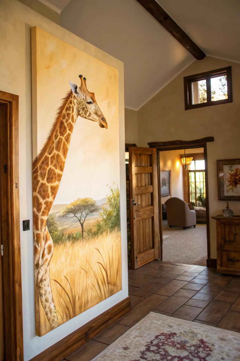 This gentle giraffe painting welcomes guests with a touch of elegance.