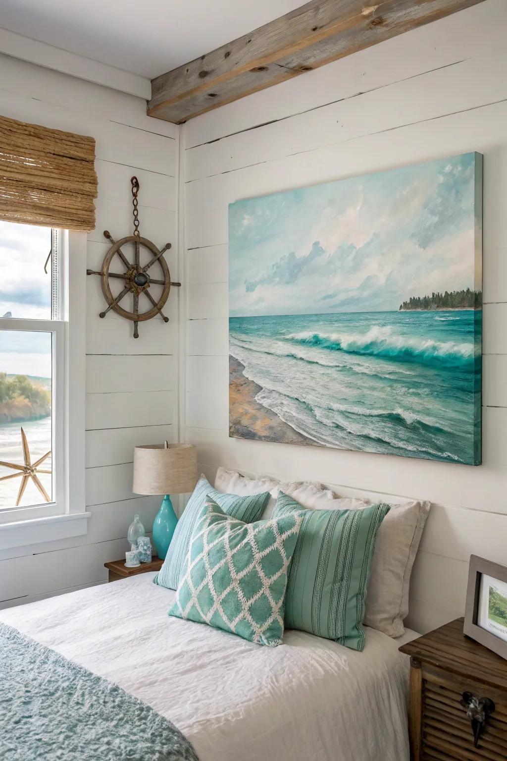 A calming seascape painting perfect for a coastal-themed bedroom.