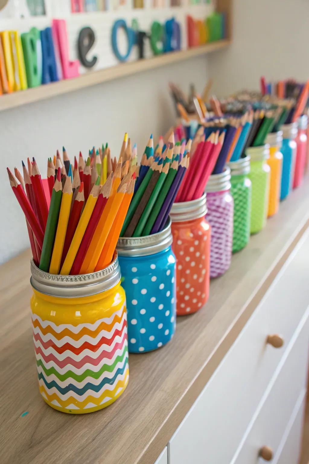 Brighten your space with these painted jar organizers.