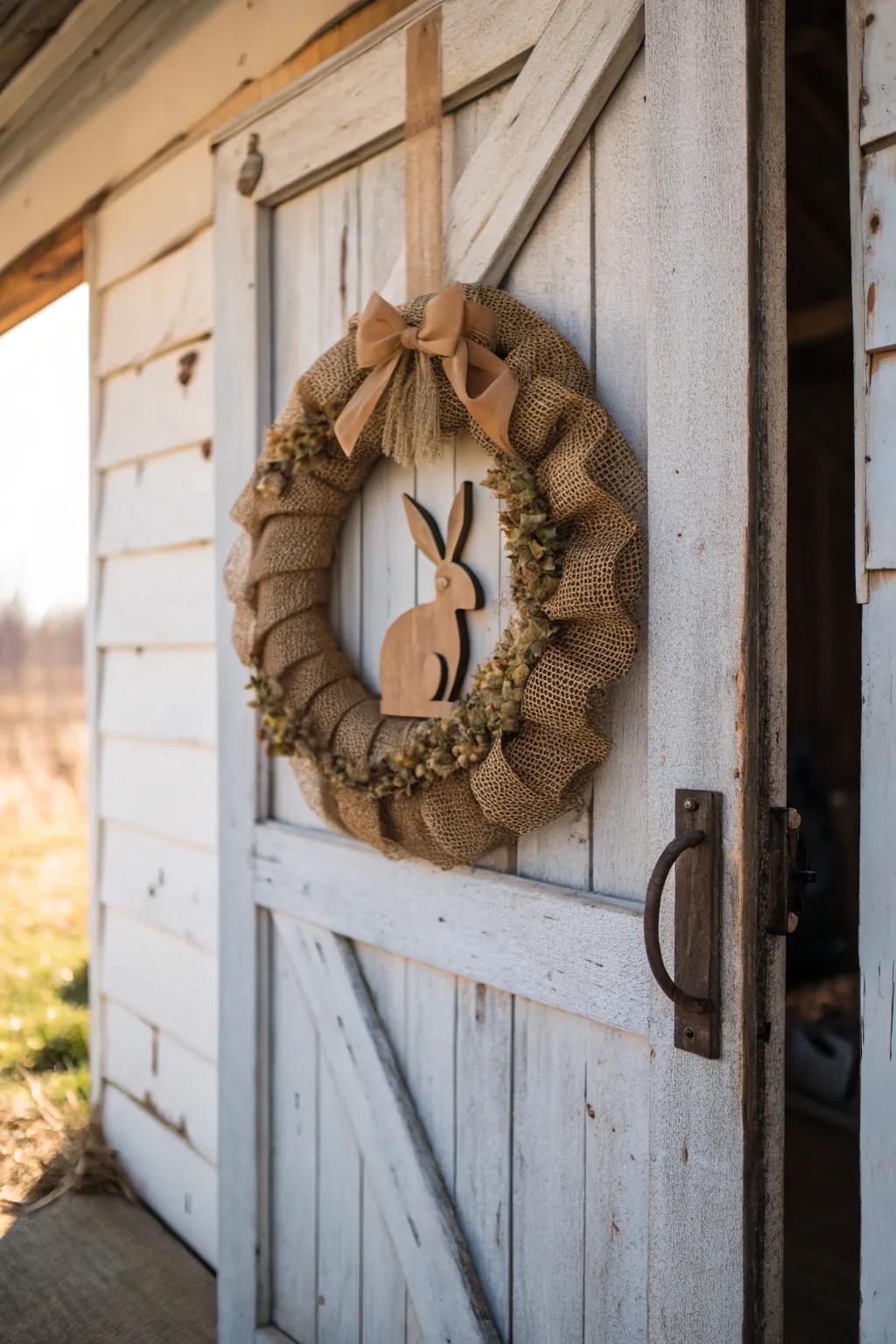 Embrace rustic charm with a burlap and bunny Easter wreath.