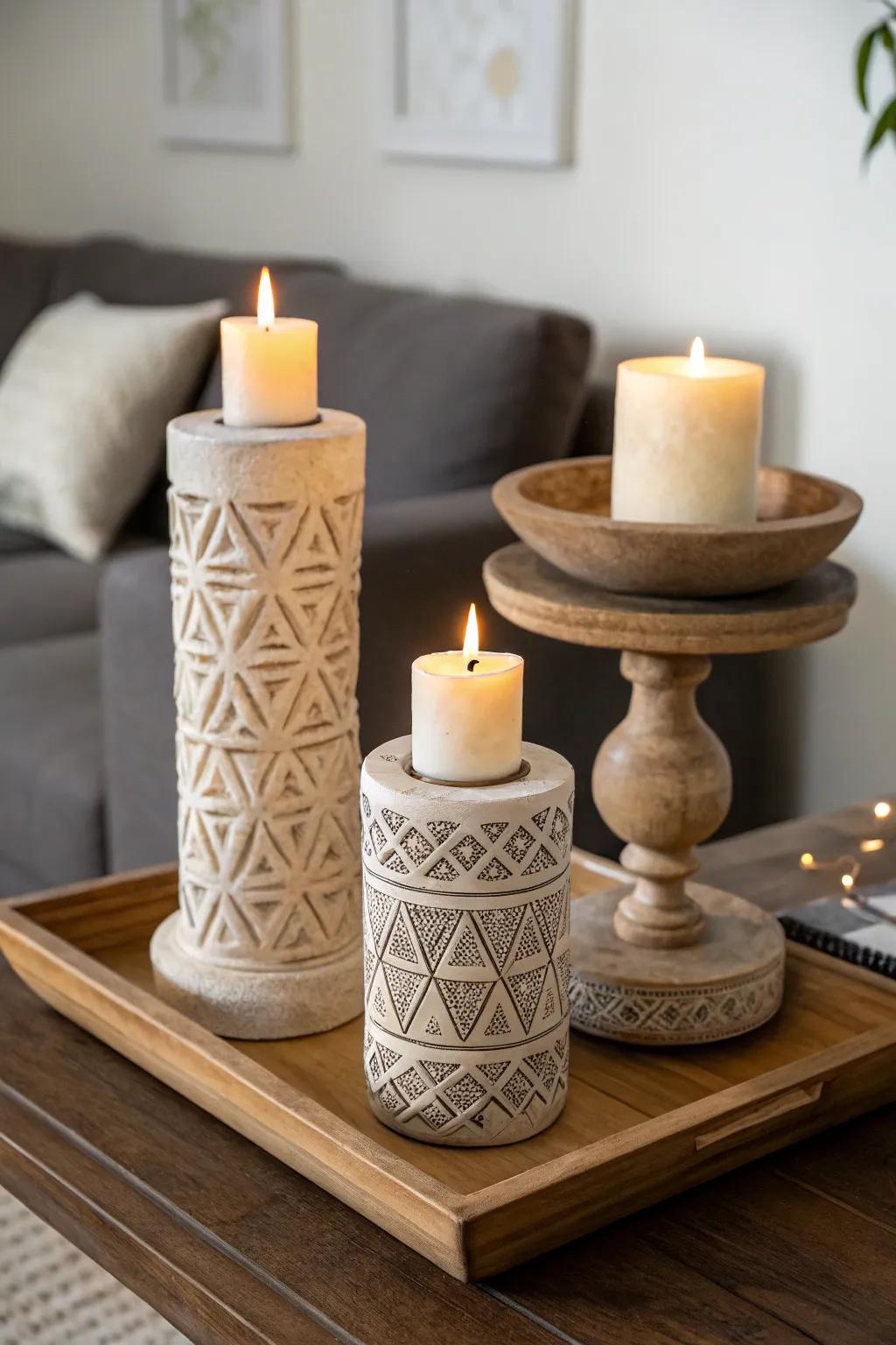 Handcrafted plaster candle holders create a warm glow.