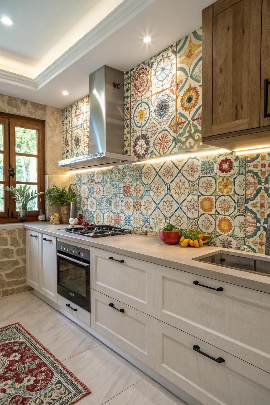 Achieve a high-end look with stenciled tile designs.