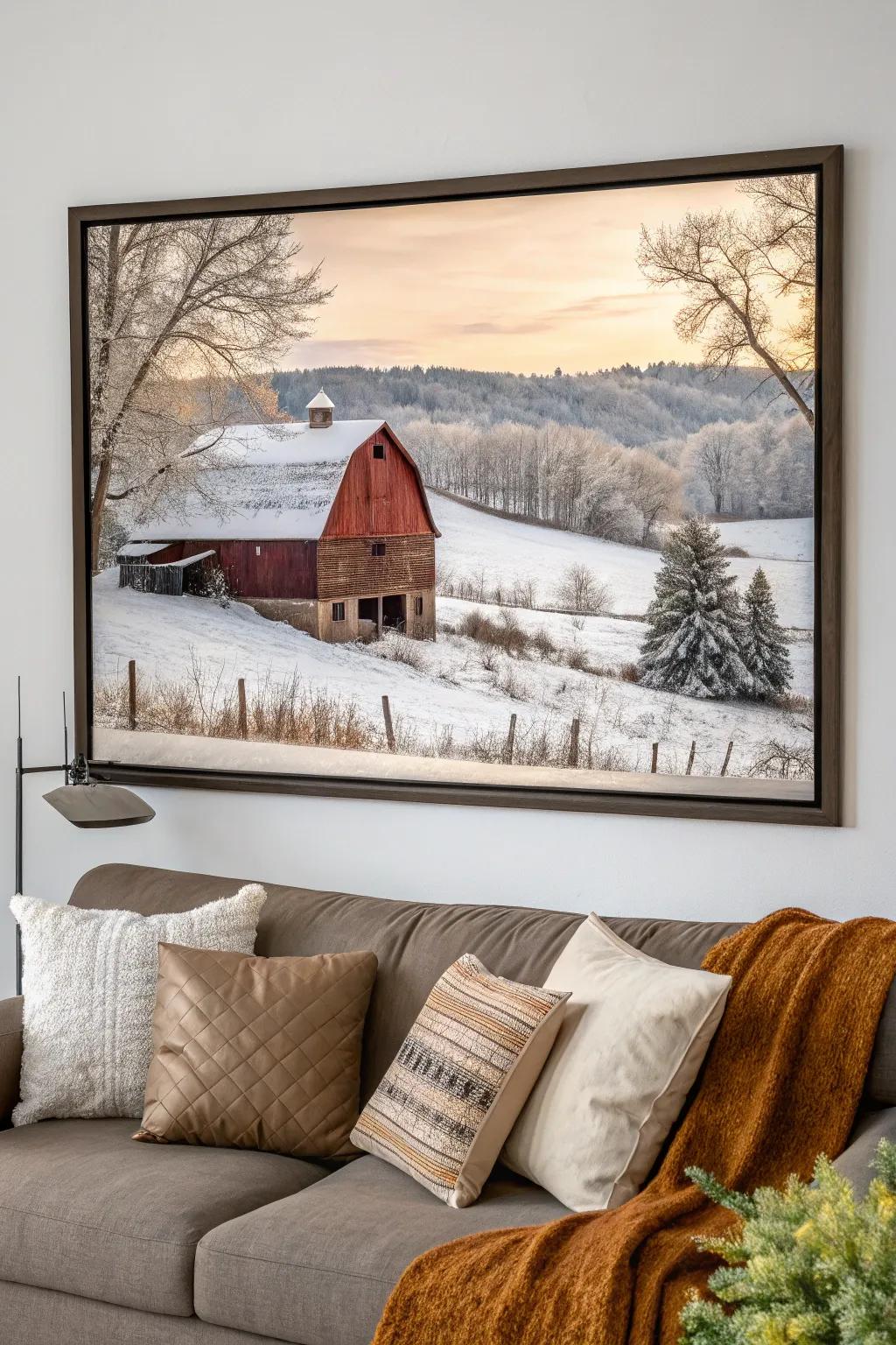 A rustic barn painting brings warmth to your winter decor.