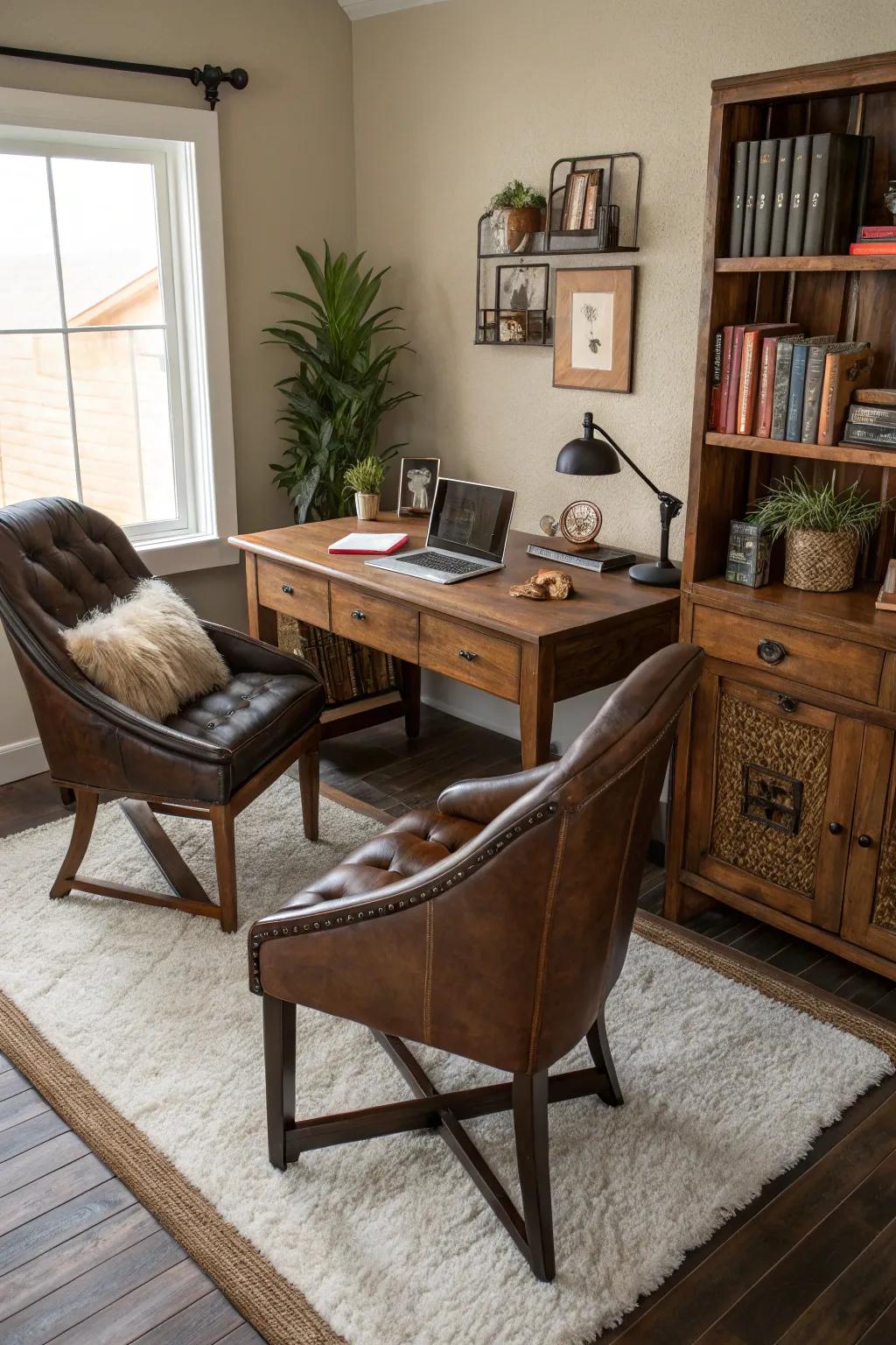 A harmonious mix of textures brings depth to this eclectic office space.