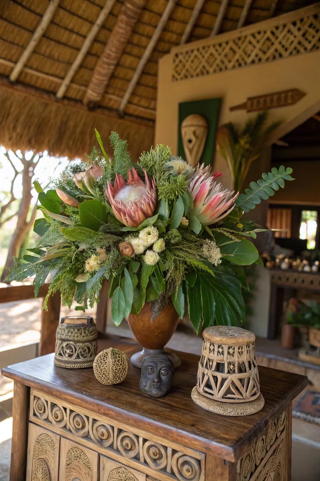 African-inspired floral arrangements bring nature's beauty indoors.