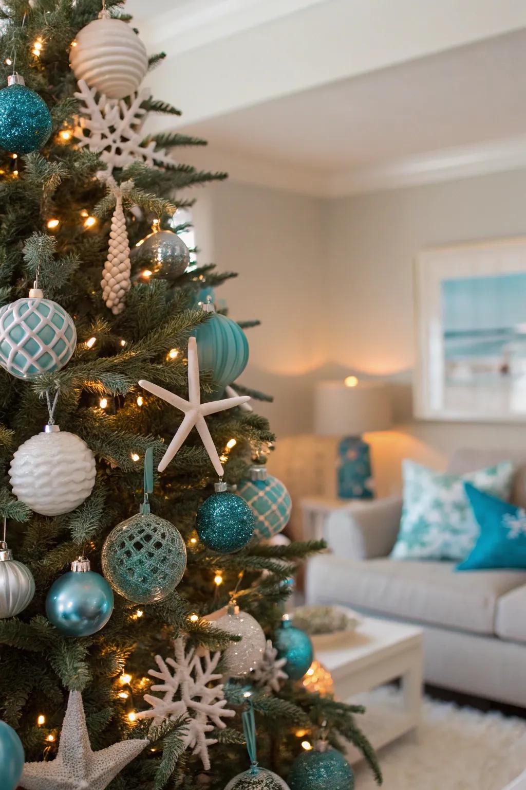 A coastal-themed Christmas tree brings the tranquil beauty of the seaside indoors.