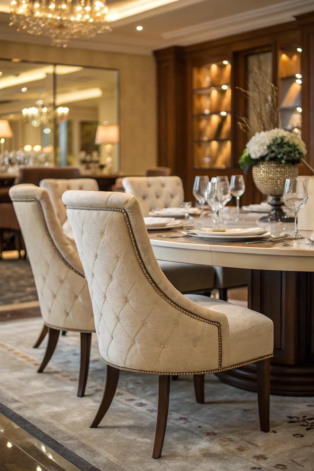 Luxurious upholstered chairs around a formal dining table create an upscale setting.