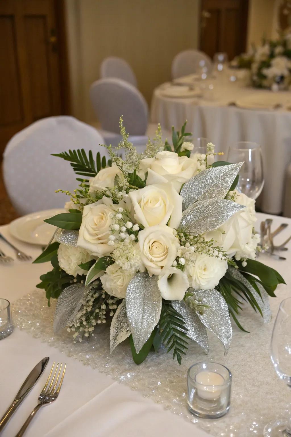 Floral arrangements with silver accents.