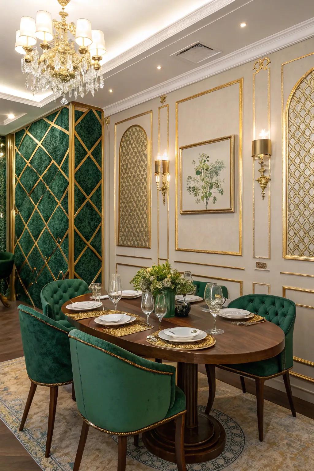 A gold accent wall that serves as a stunning backdrop for emerald green decor.