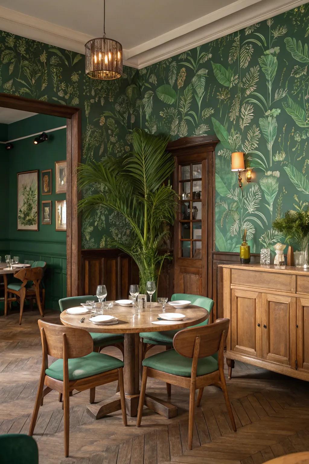 Botanical patterns in emerald green bring nature into your dining space.