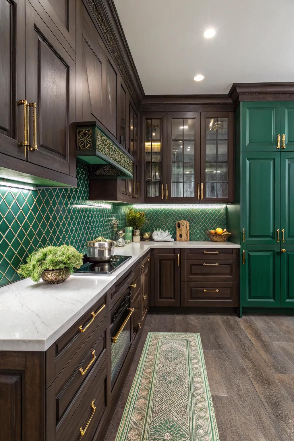 A cozy kitchen space featuring emerald green and dark moody accents.