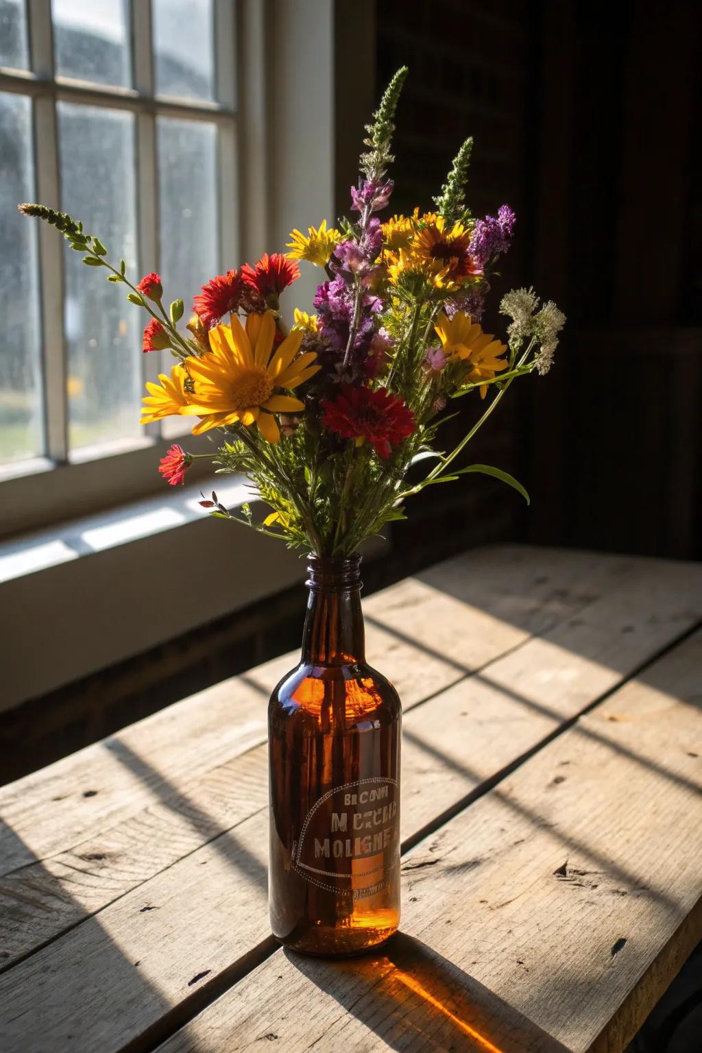 Transform your space with a touch of nature: repurpose a bourbon bottle into a stunning wildflower vase.