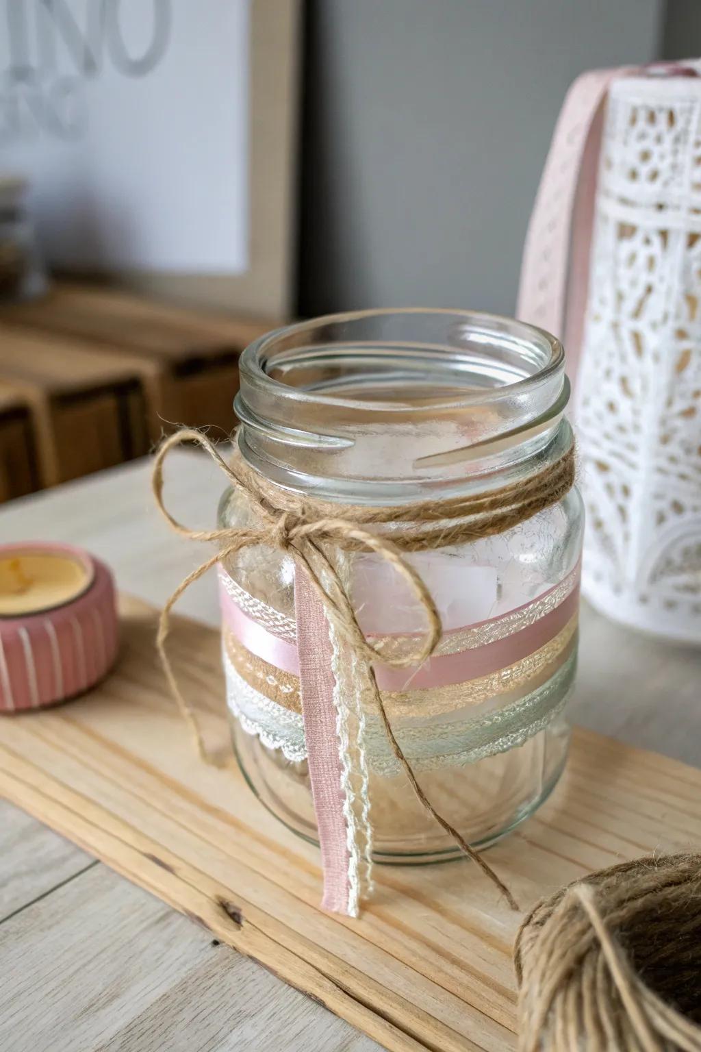 Transform a simple jar into a stunning piece of decor with ribbons and twine!