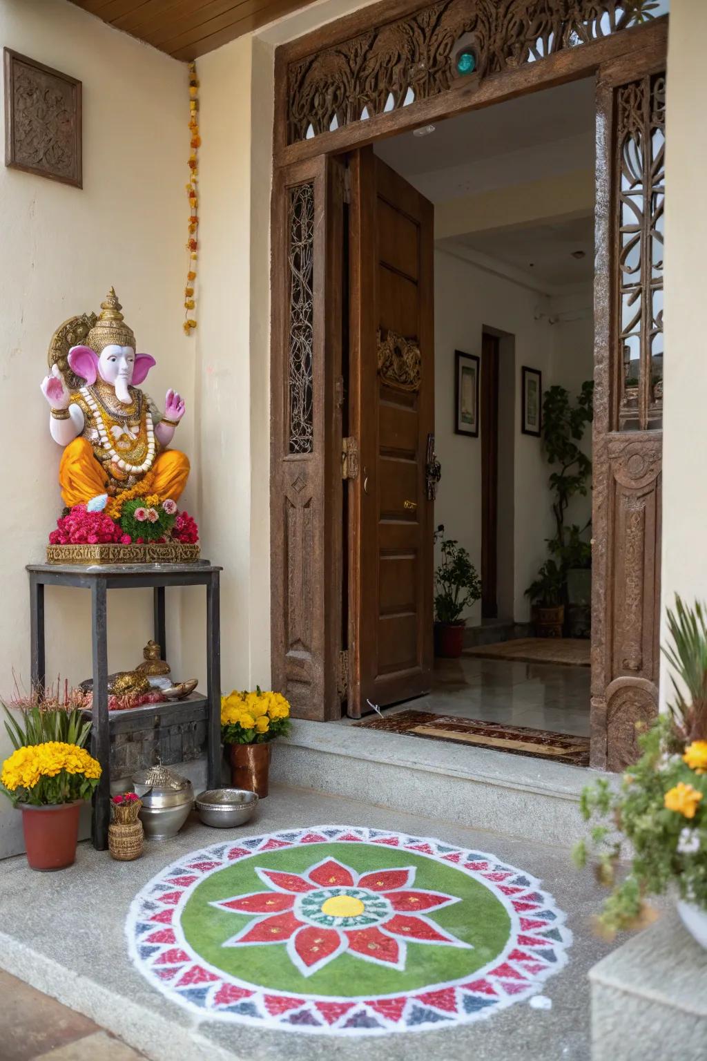 A serene Ganesha statue offering spiritual warmth at the entrance.