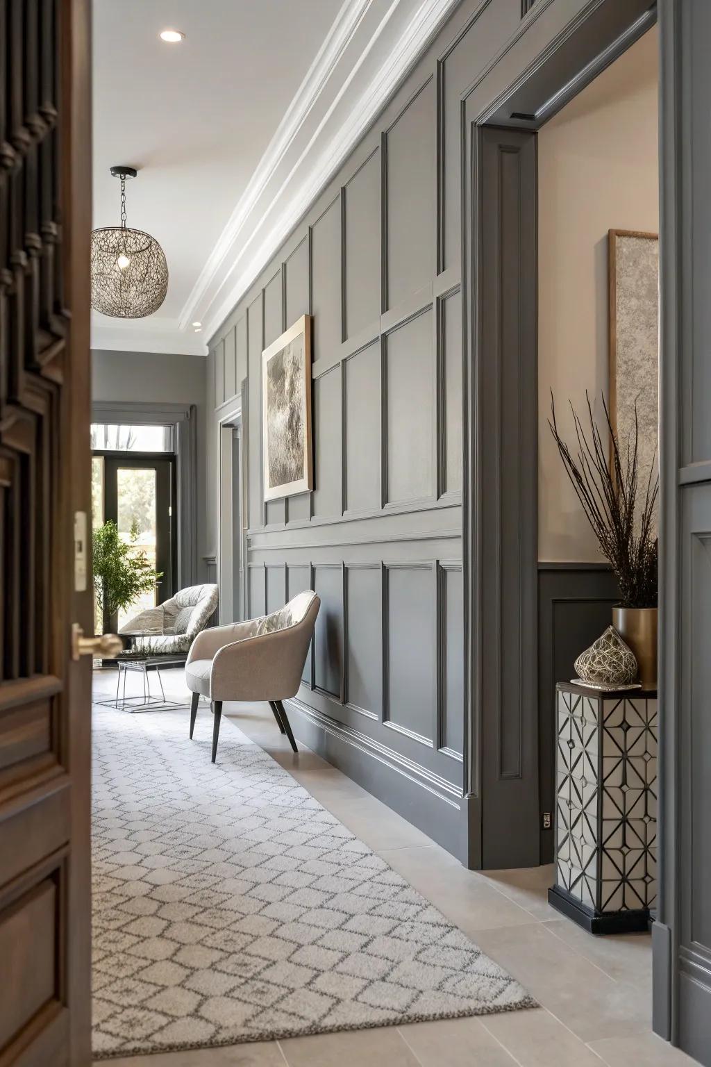 Gray wainscoting adds a touch of modern sophistication.