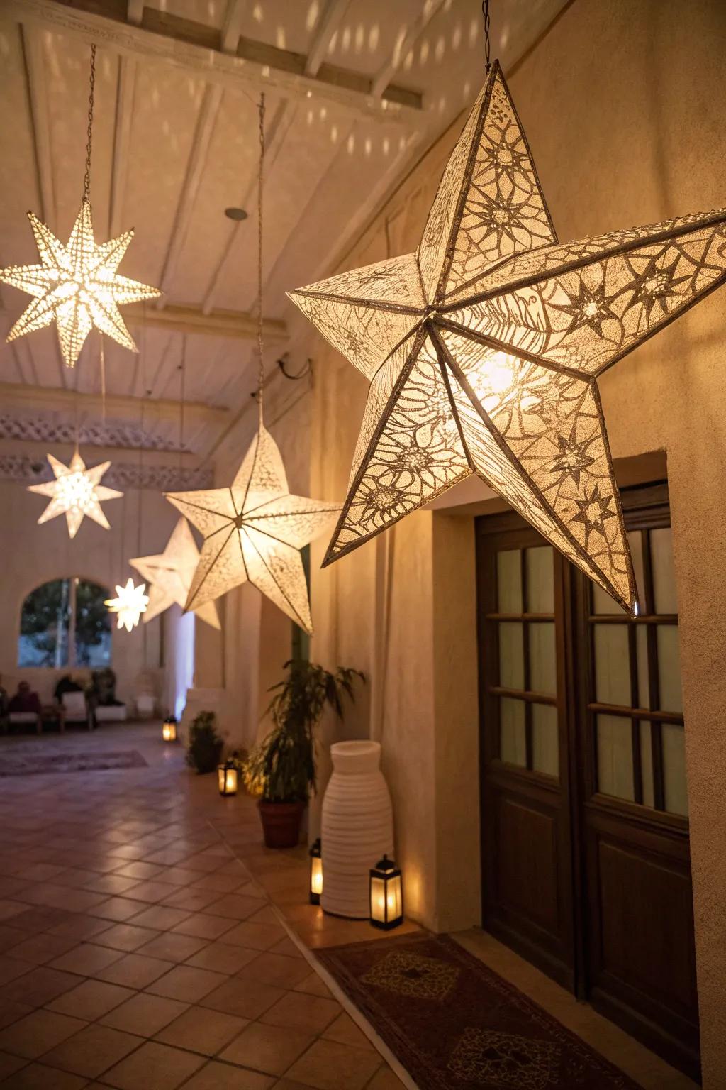 Create a dreamy atmosphere with starry night luminaries casting gentle shadows.