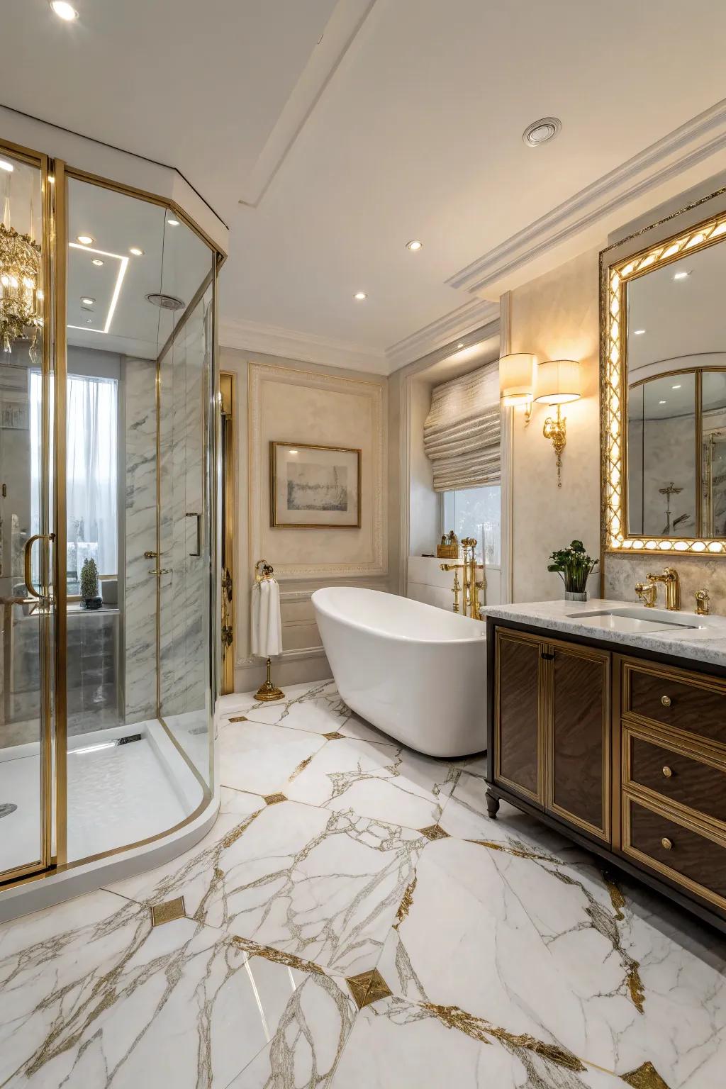 Elegant marble-look epoxy floor in a luxurious bathroom setting.