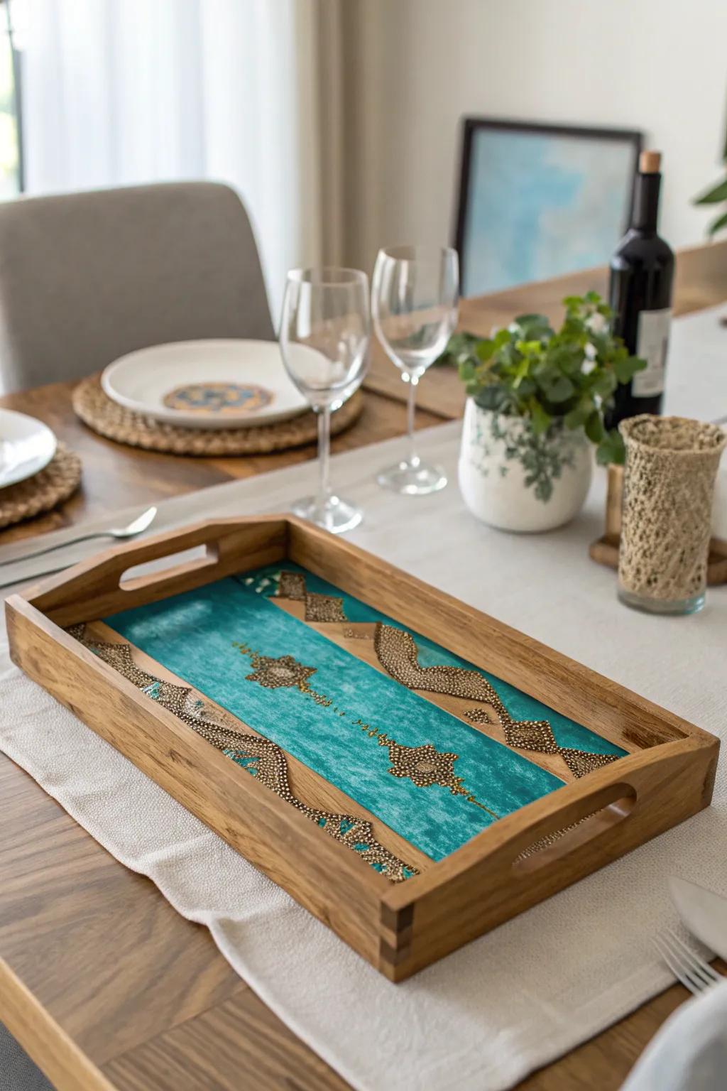 Epoxy inlay serving tray, bringing elegance to any occasion.