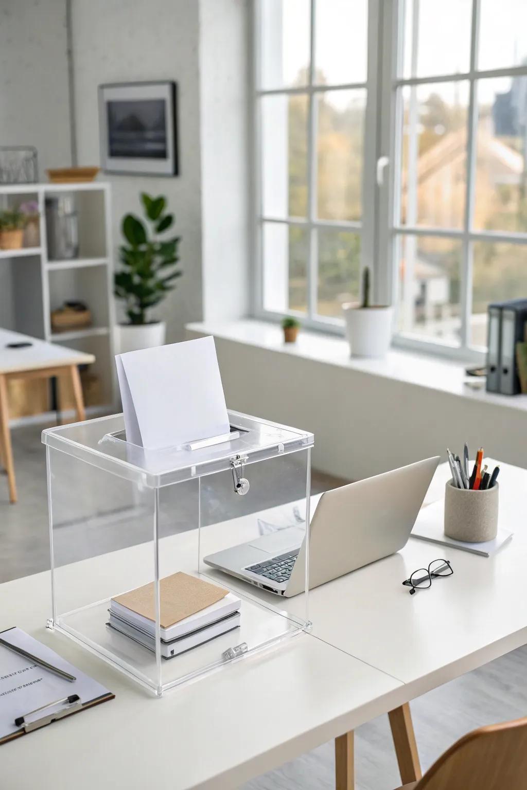 A modern acrylic suggestion box in a sleek home office.