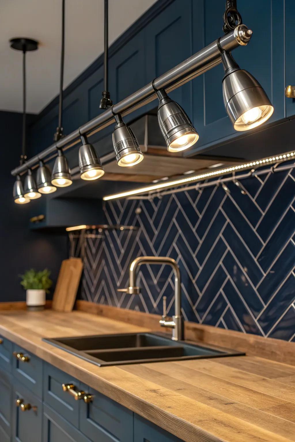 Illuminate your space with industrial elegance: Track lighting with exposed conduits.