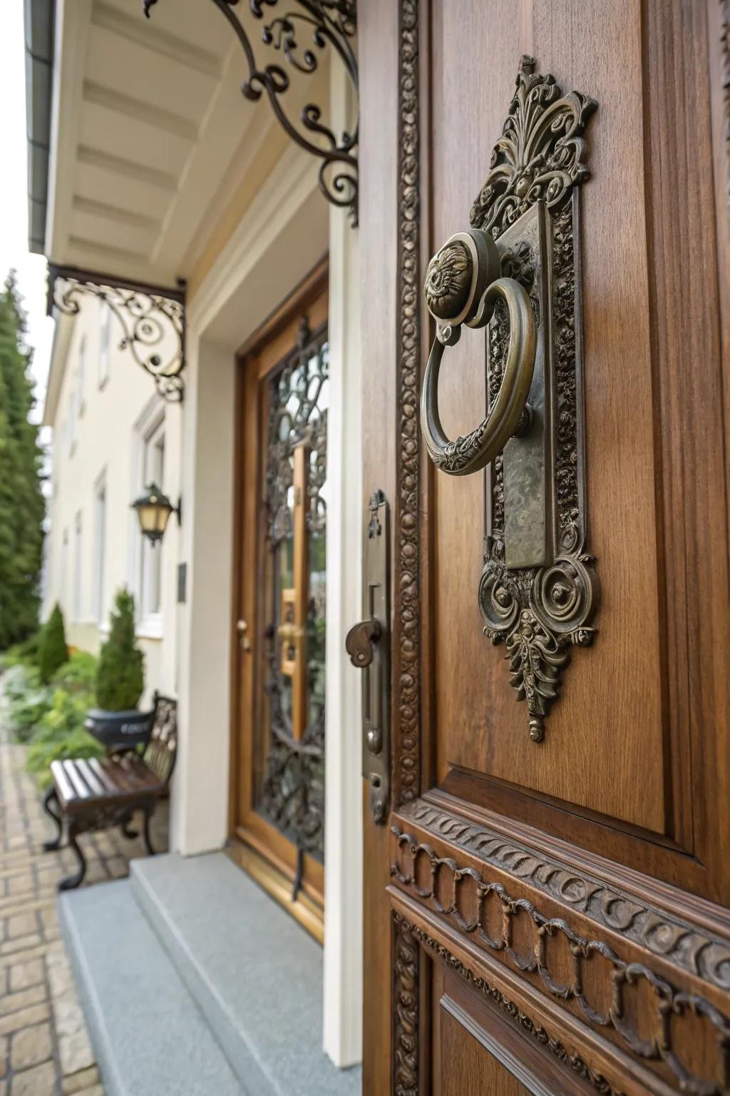 Decorative hardware adds a touch of elegance to the door.