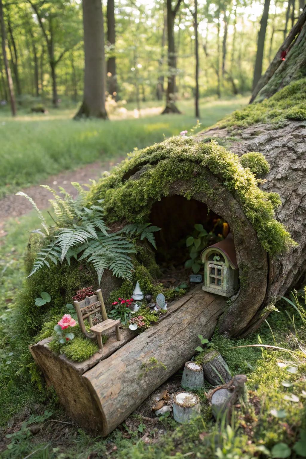 A moss-covered log offers a cozy retreat for fairies.