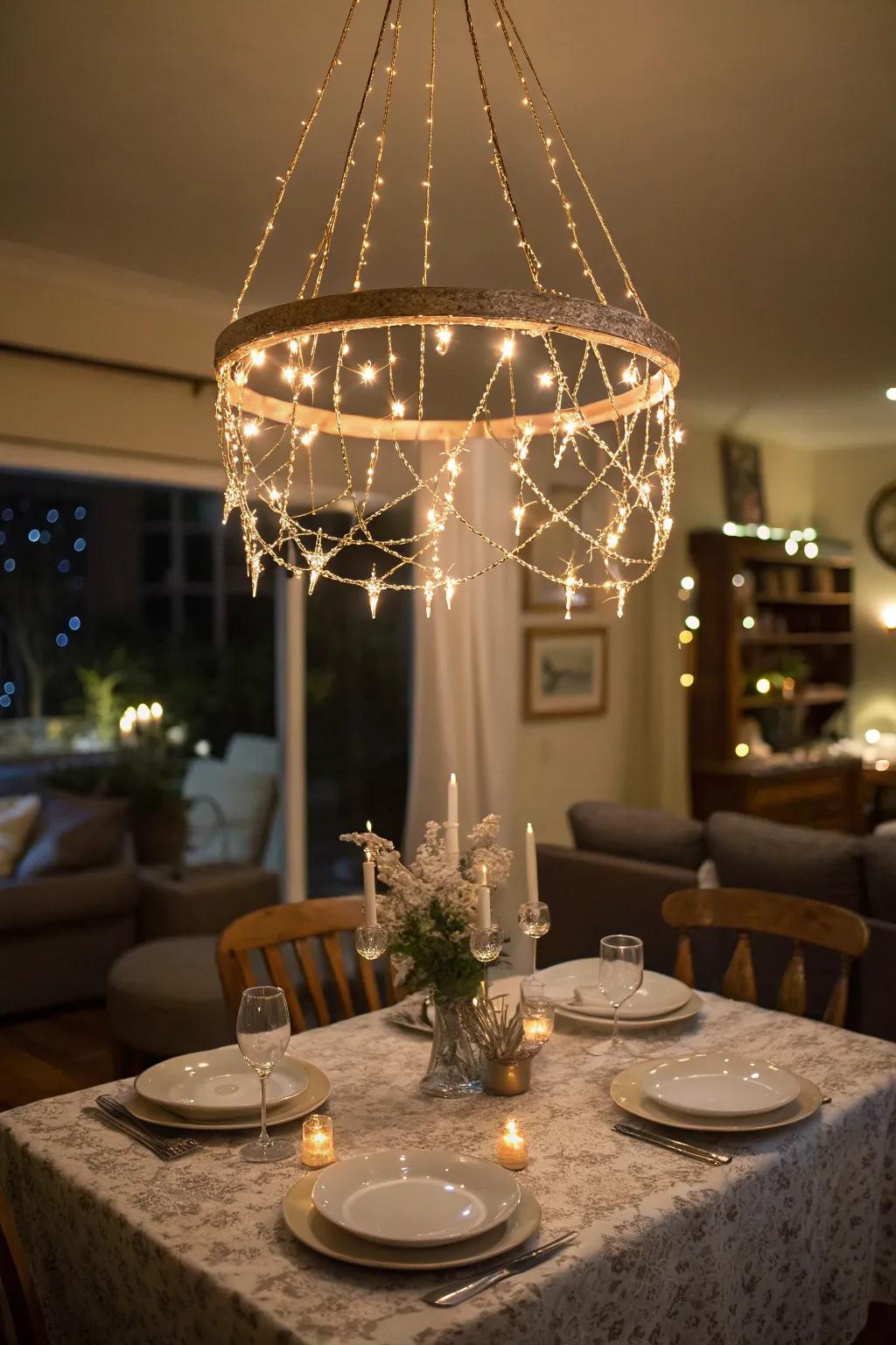 An elegant chandelier crafted from fairy lights, adding charm to the dining area.