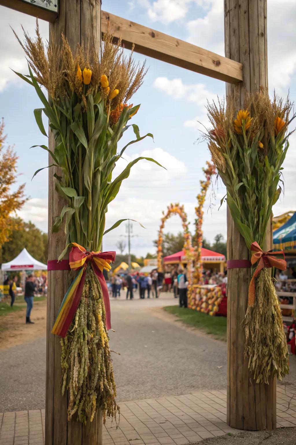 Cornstalks tied to posts frame a festive fall entrance.