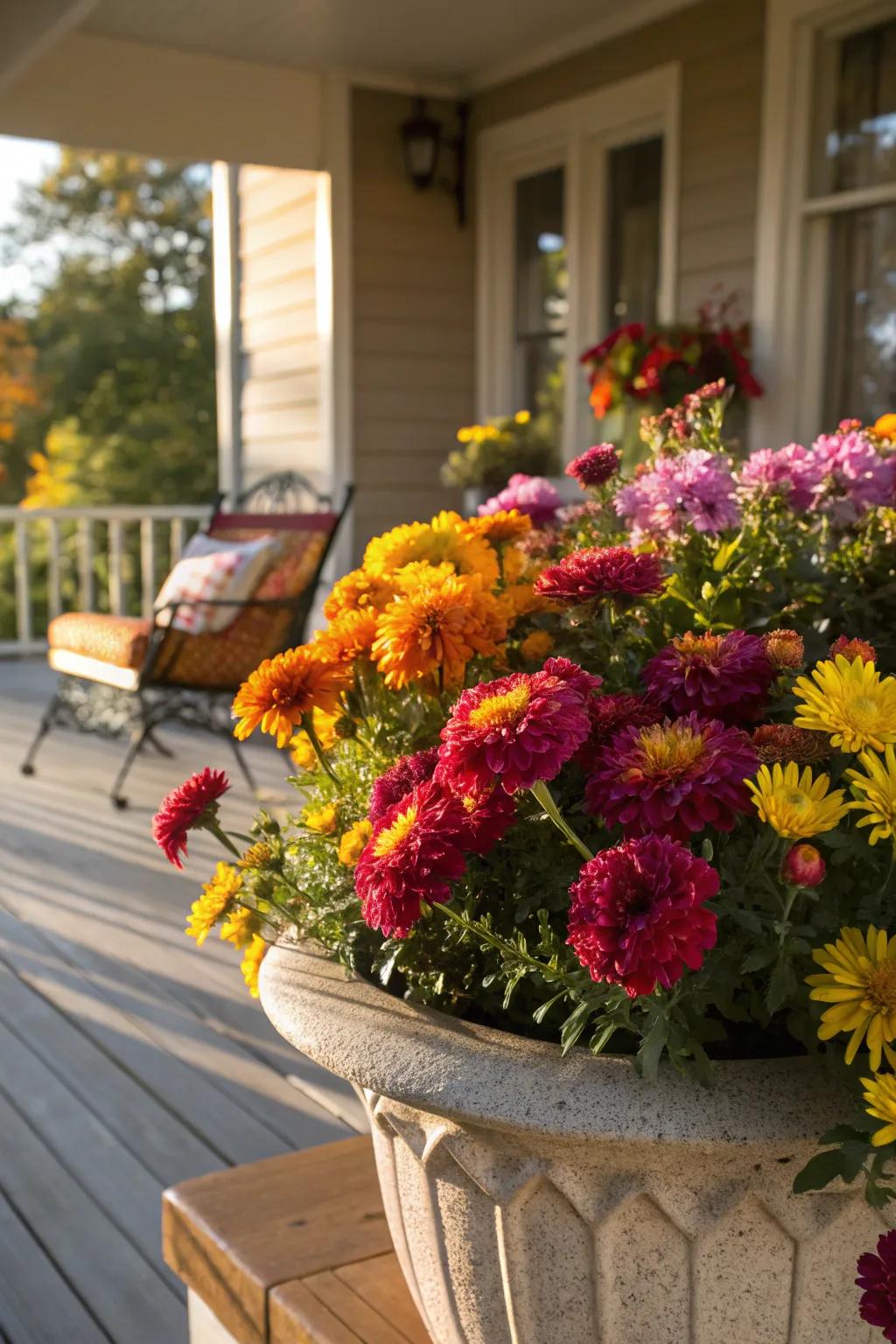 A colorful cornucopia of flowers brings vibrancy to your fall decor.