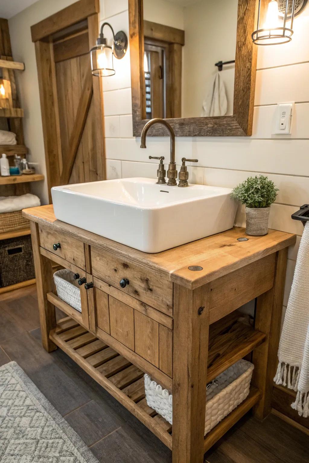 A farmhouse bathroom vanity showcasing a deep and functional farmhouse sink.