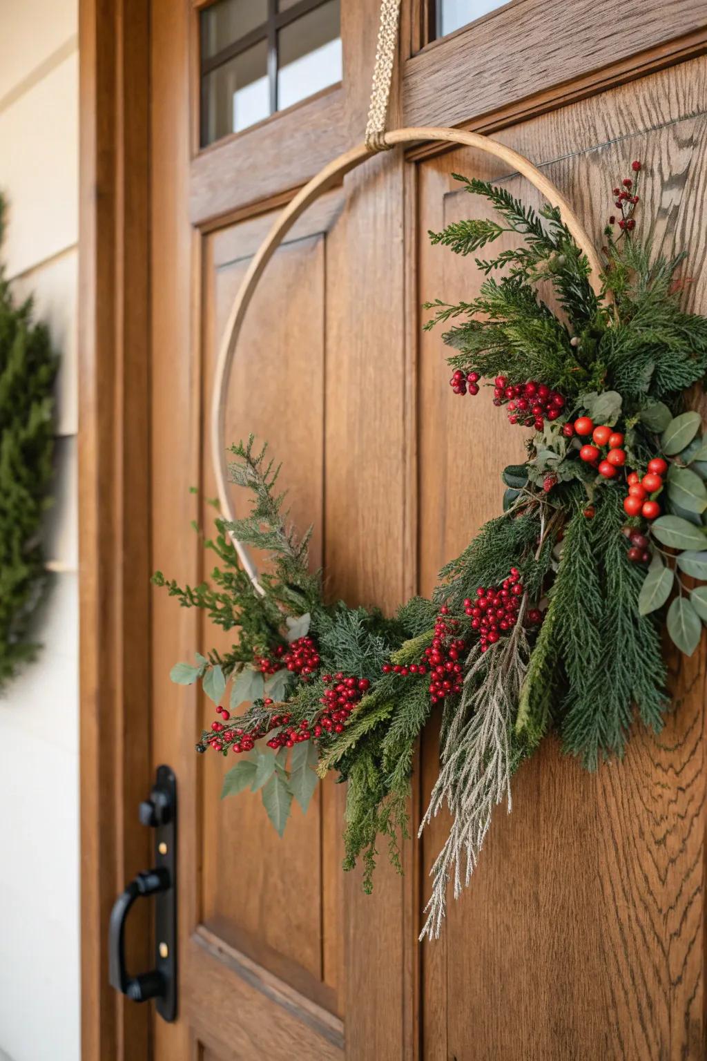 Simple and elegant embroidery hoop wreath with greenery.