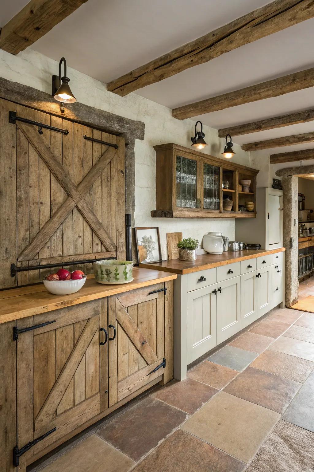 Farmhouse kitchen with barn door style cabinets and rustic details.