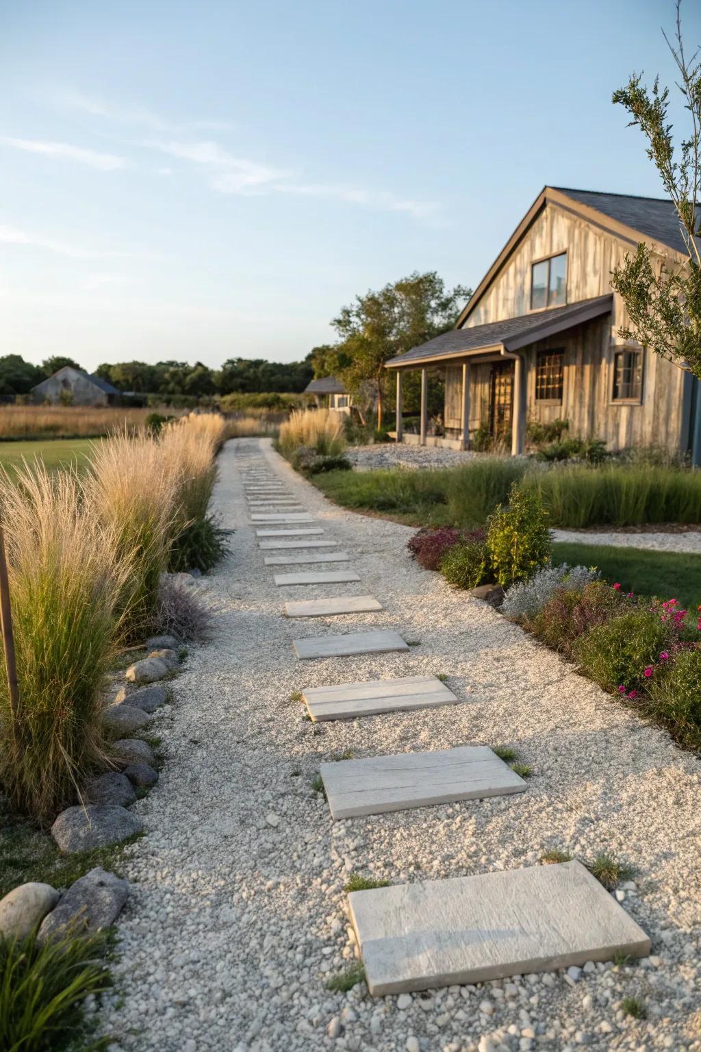 Stepping stones over pea gravel add playful elegance to this farmhouse path.