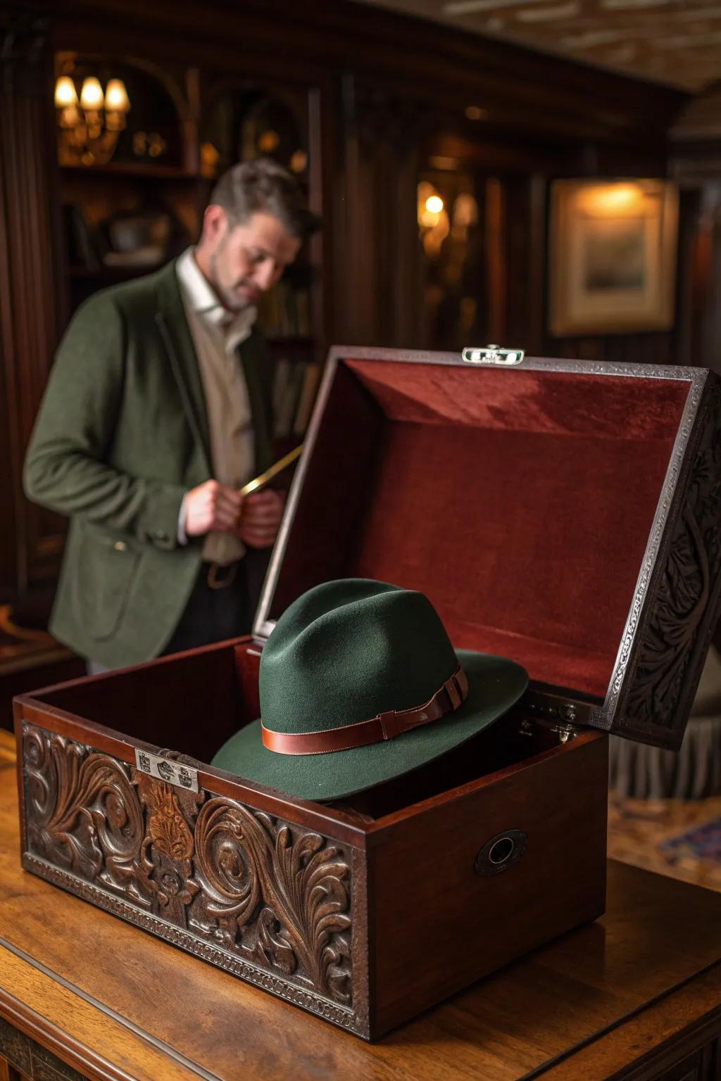 Gift elegance redefined: A fedora presented in a handcrafted mahogany hat box.