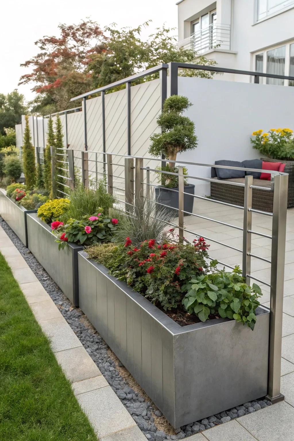 Metal planter boxes add a modern twist to traditional fence designs.