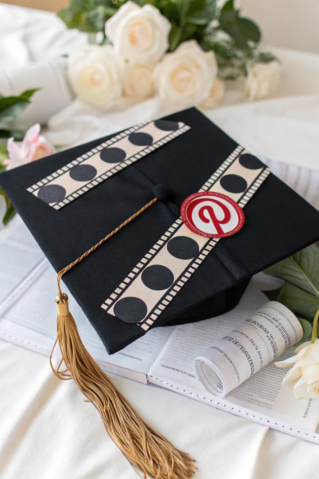 Celebrate your cinematic journey with a film strip graduation cap that blends minimalist style with bold artistry.