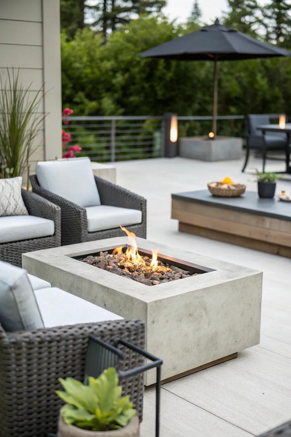 A concrete fire table serves as both a heat source and a stylish centerpiece.