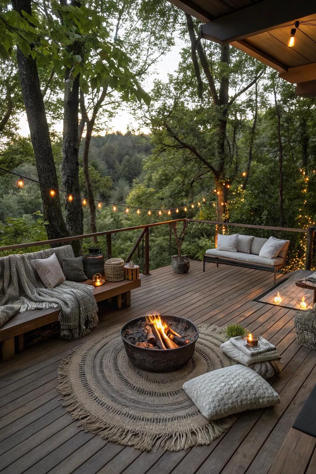 A wooden deck pad adds warmth and charm to your fire pit area.