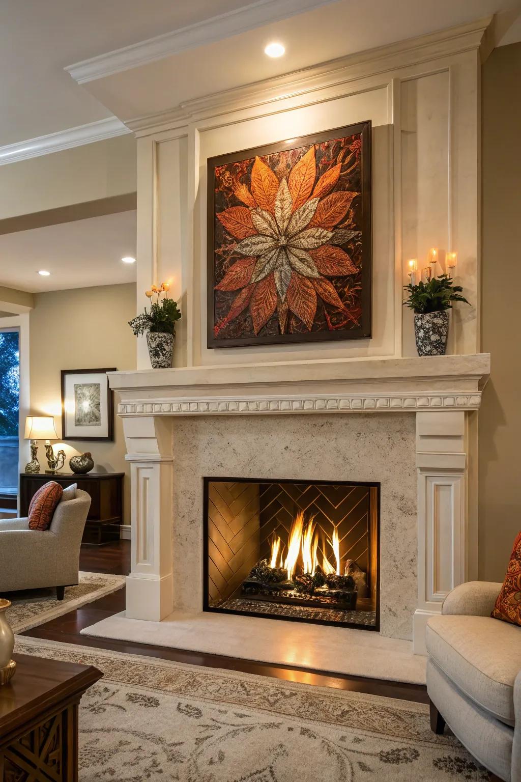 A bold piece of art transforms this fireplace into a focal point.