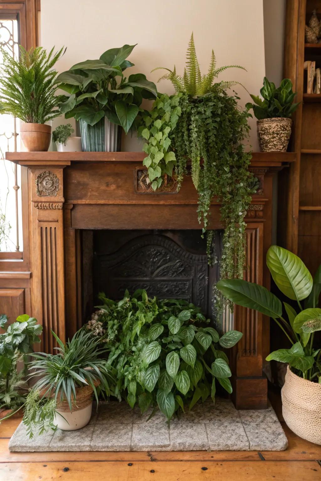 Transform your fireplace into an indoor oasis with plants.